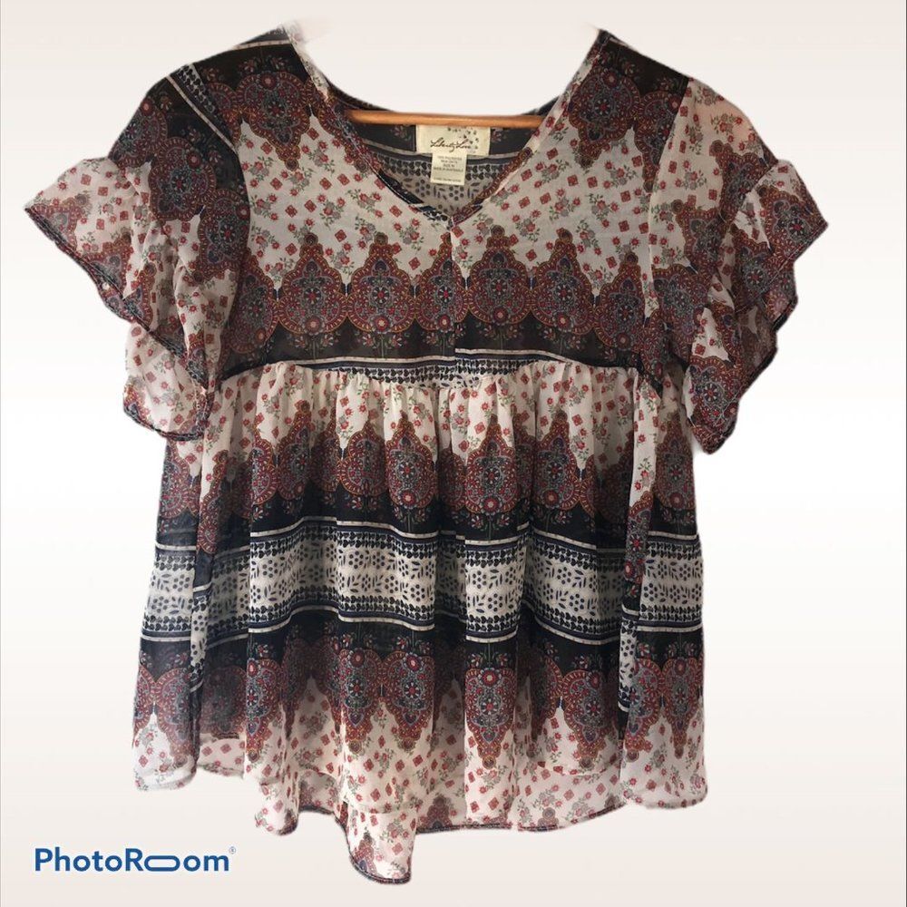 Liberty Love Sheer Floral Blouse V Neck Sz Medium 0022
